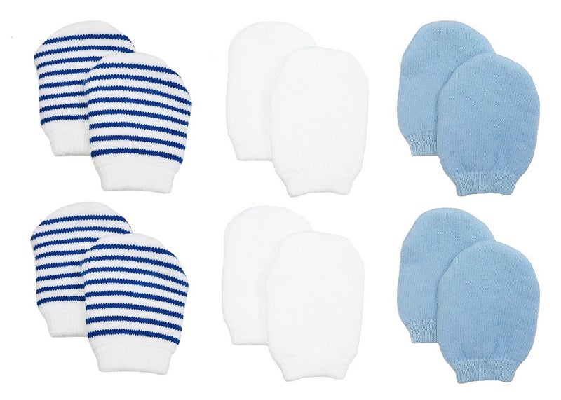 Nurses Choice Newborn Baby No Scratch Cotton Mittens - 6 Pairs (White, Blue, Blue Stripes) - Image 1